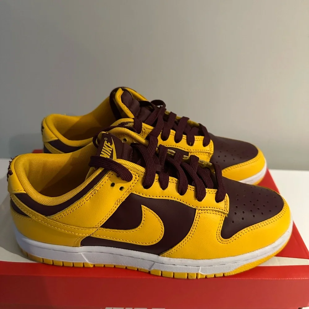 Nike Dunk Low-Top Sneakers in Yellow and Maroon - Picture 3 of 5